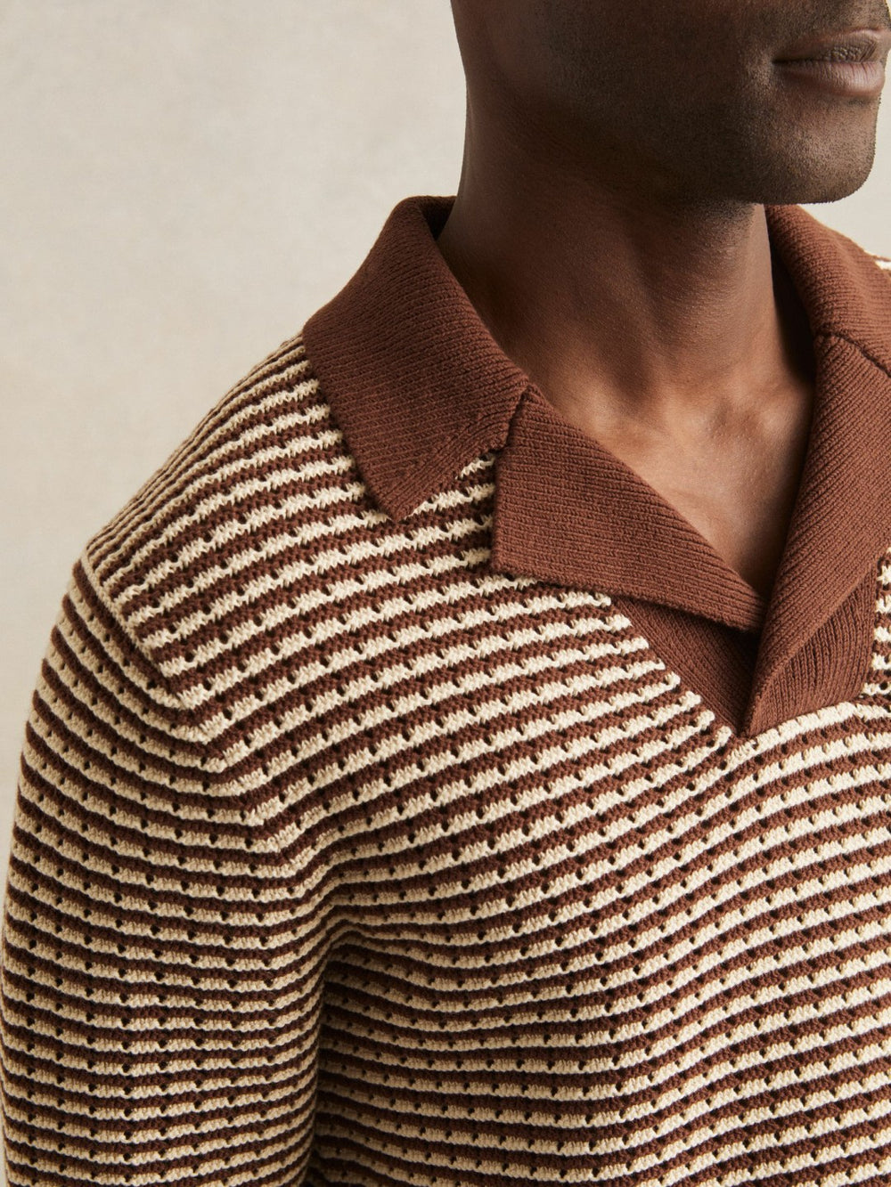 Reiss | Cotton Textured Knit Stripe Polo Shirt in Tobacco Brown/ Off White