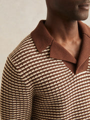 Reiss | Cotton Textured Knit Stripe Polo Shirt in Tobacco Brown/ Off White