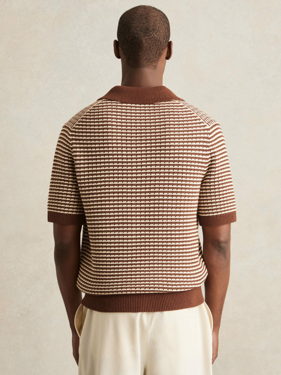Reiss | Cotton Textured Knit Stripe Polo Shirt in Tobacco Brown/ Off White