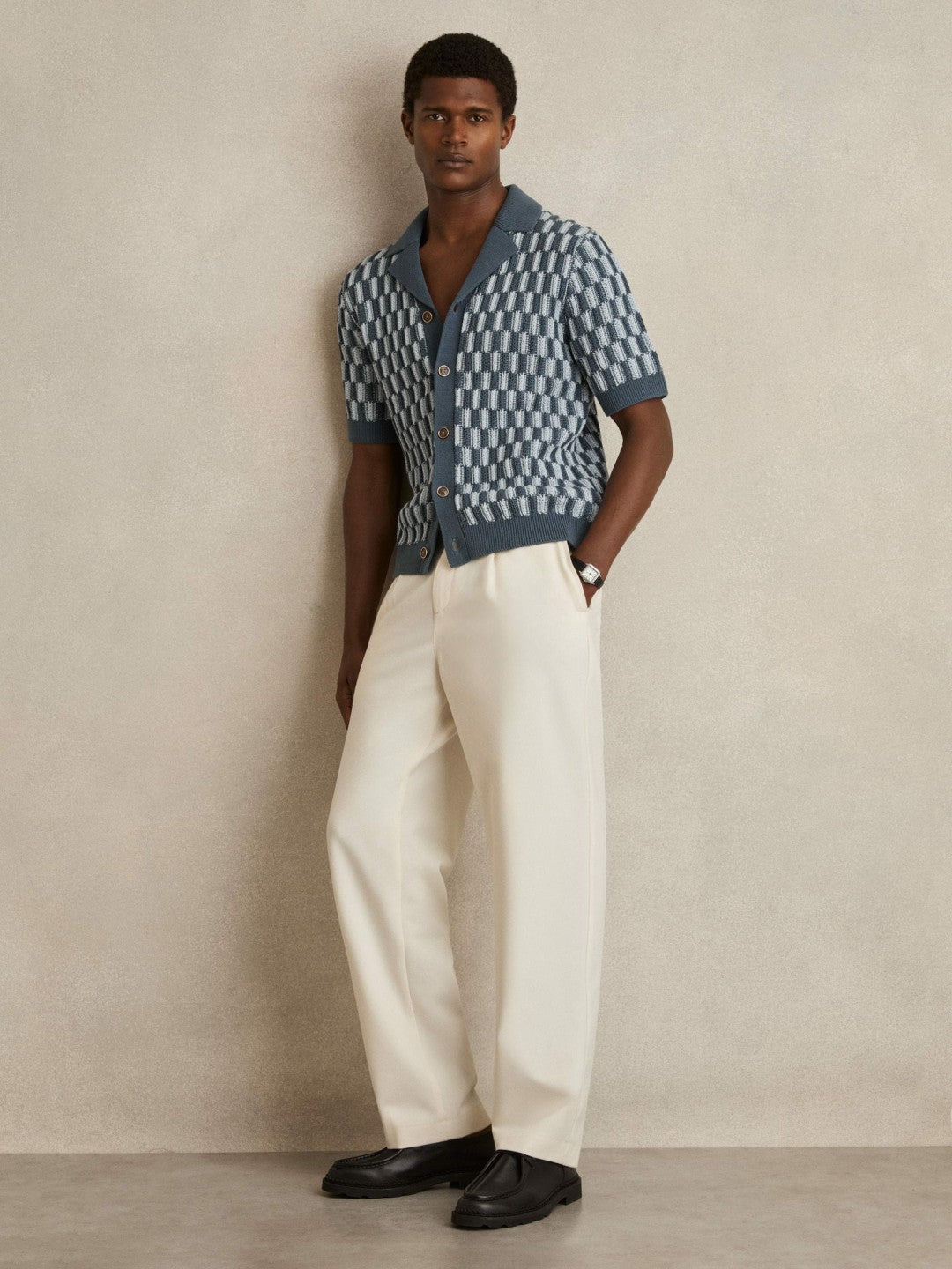 Reiss | Cotton Checkerboard-Knit Shirt in Airforce Blue/Soft Blue
