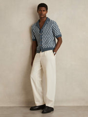 Reiss | Cotton Checkerboard-Knit Shirt in Airforce Blue/Soft Blue