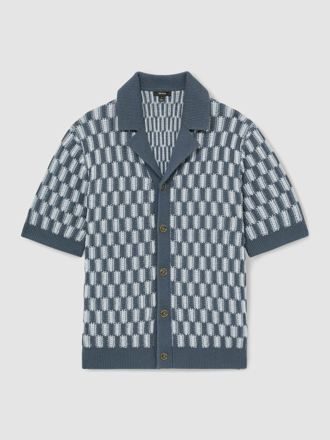Reiss | Cotton Checkerboard-Knit Shirt in Airforce Blue/Soft Blue