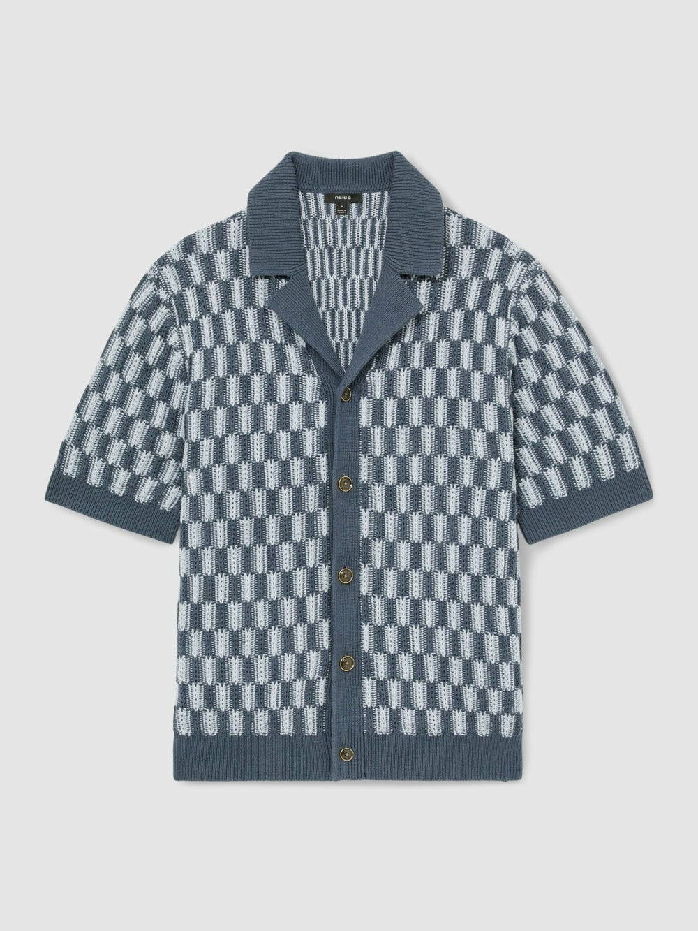 Reiss | Cotton Checkerboard-Knit Shirt in Airforce Blue/Soft Blue