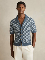 Reiss | Cotton Checkerboard-Knit Shirt in Airforce Blue/Soft Blue