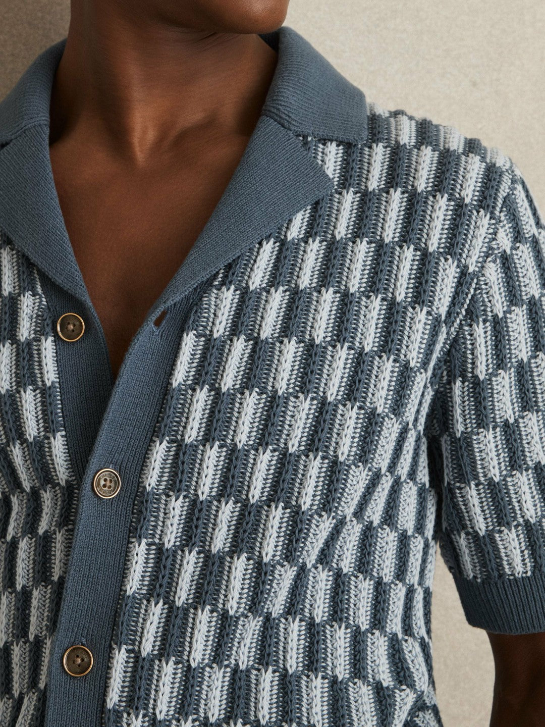 Reiss | Cotton Checkerboard-Knit Shirt in Airforce Blue/Soft Blue