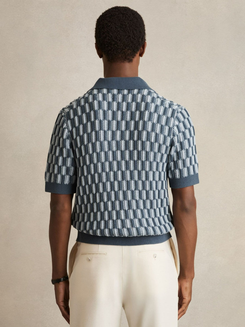 Reiss | Cotton Checkerboard-Knit Shirt in Airforce Blue/Soft Blue