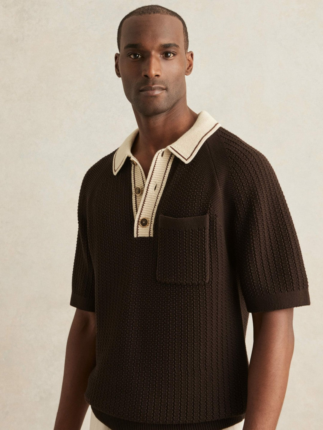 Reiss | Cotton Textured Knit Contrast Polo Shirt in Dark Brown/Stone