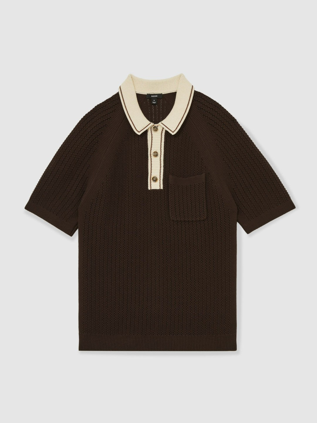 Reiss | Cotton Textured Knit Contrast Polo Shirt in Dark Brown/Stone