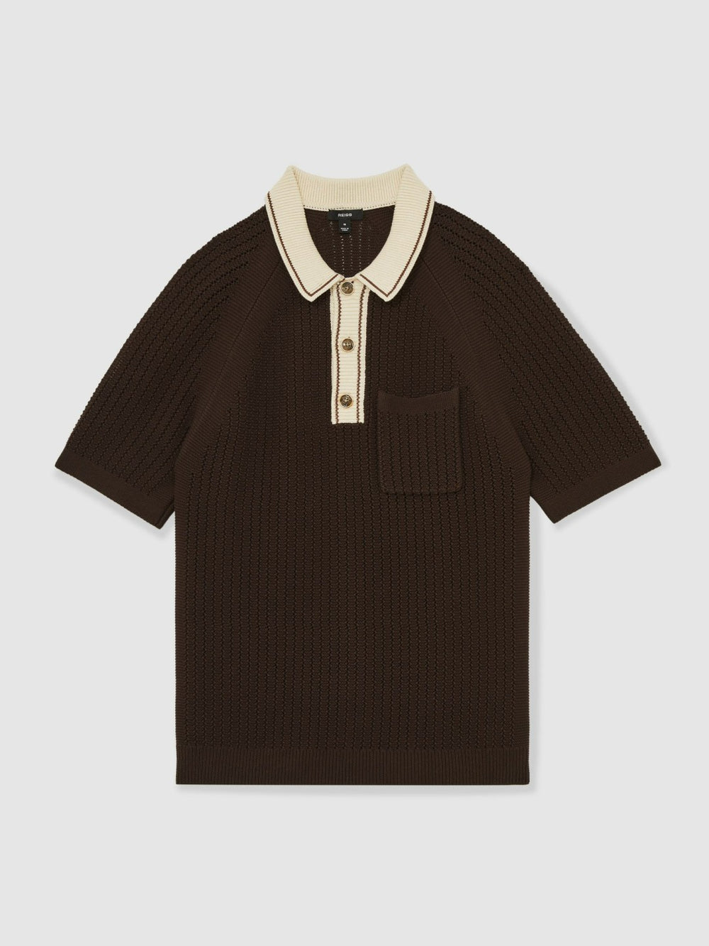 Reiss | Cotton Textured Knit Contrast Polo Shirt in Dark Brown/Stone