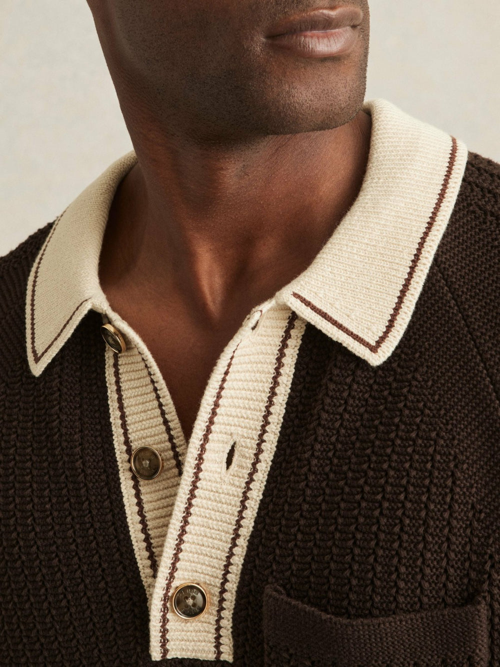 Reiss | Cotton Textured Knit Contrast Polo Shirt in Dark Brown/Stone