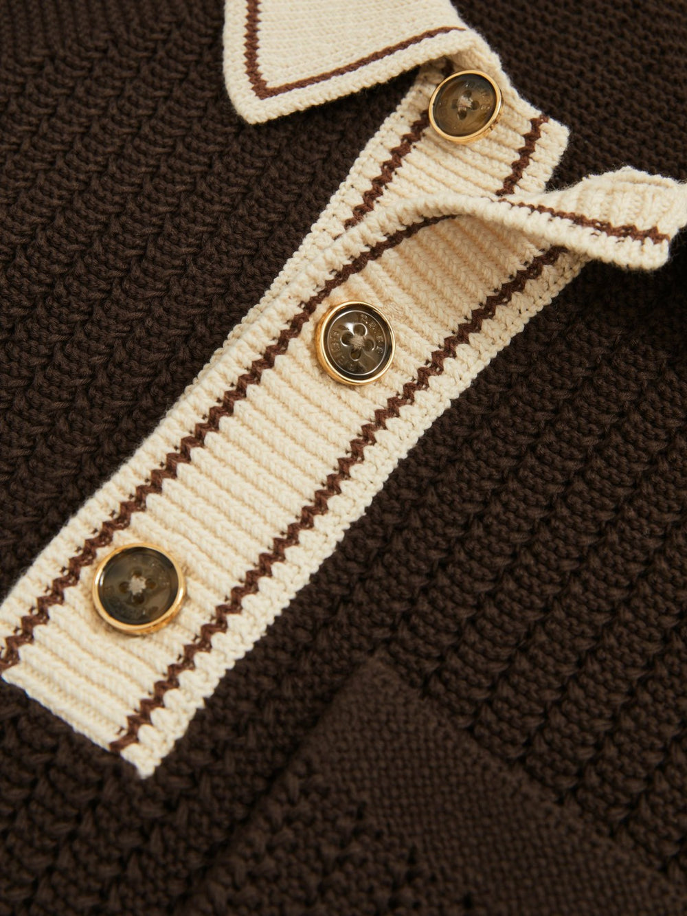 Reiss | Cotton Textured Knit Contrast Polo Shirt in Dark Brown/Stone
