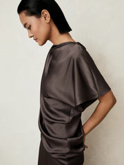 Reiss | Satin Asymmetric Draped Midi Dress in Mauve