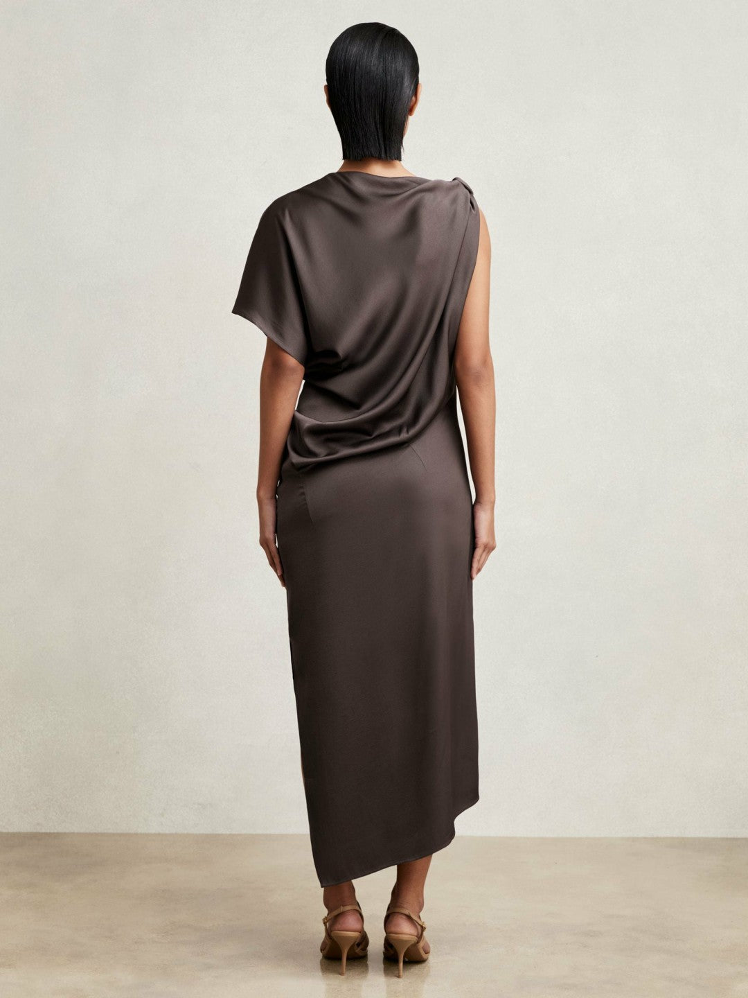 Reiss | Satin Asymmetric Draped Midi Dress in Mauve