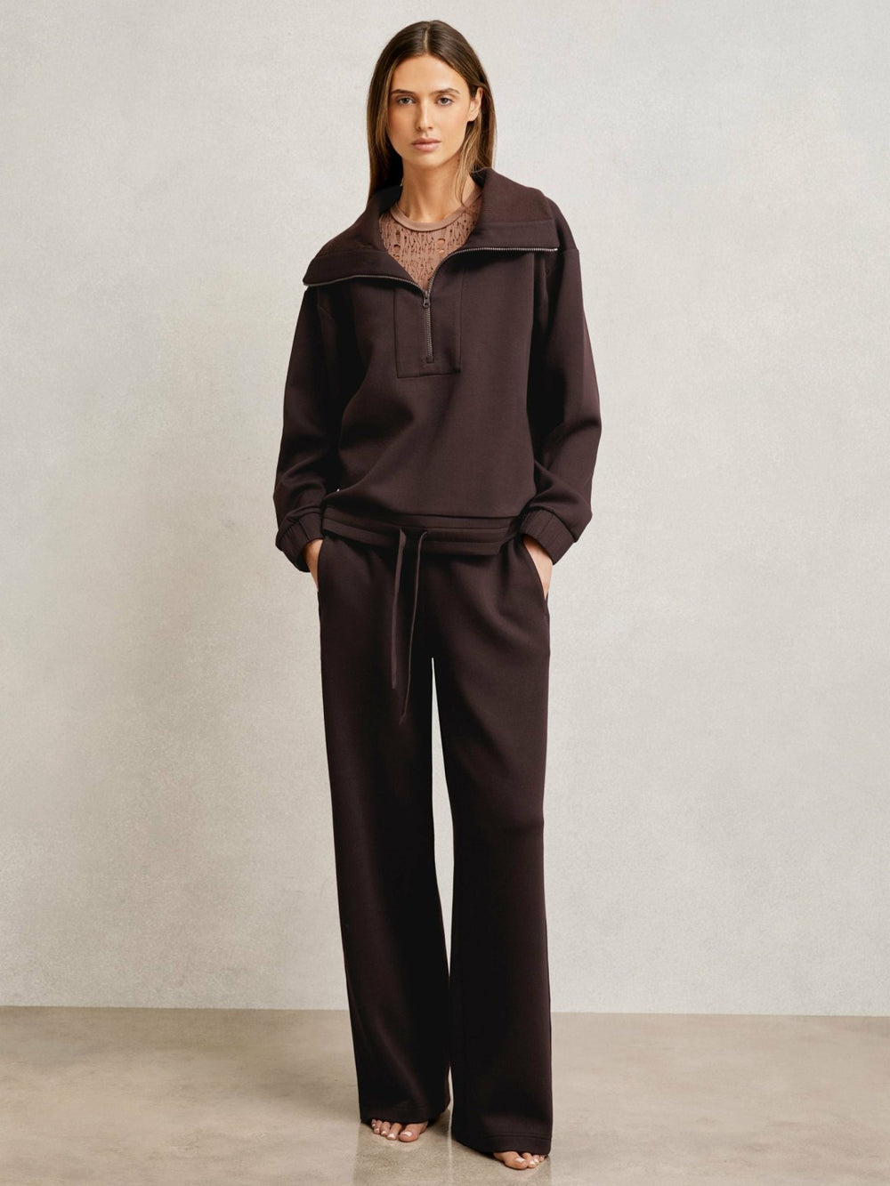 Reiss | Wide-Leg Interlock Drawstring Joggers in Plum