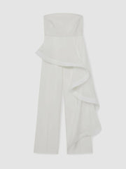 Reiss | Silk Ruffle Bandeau Wide-Leg Jumpsuit in Ivory