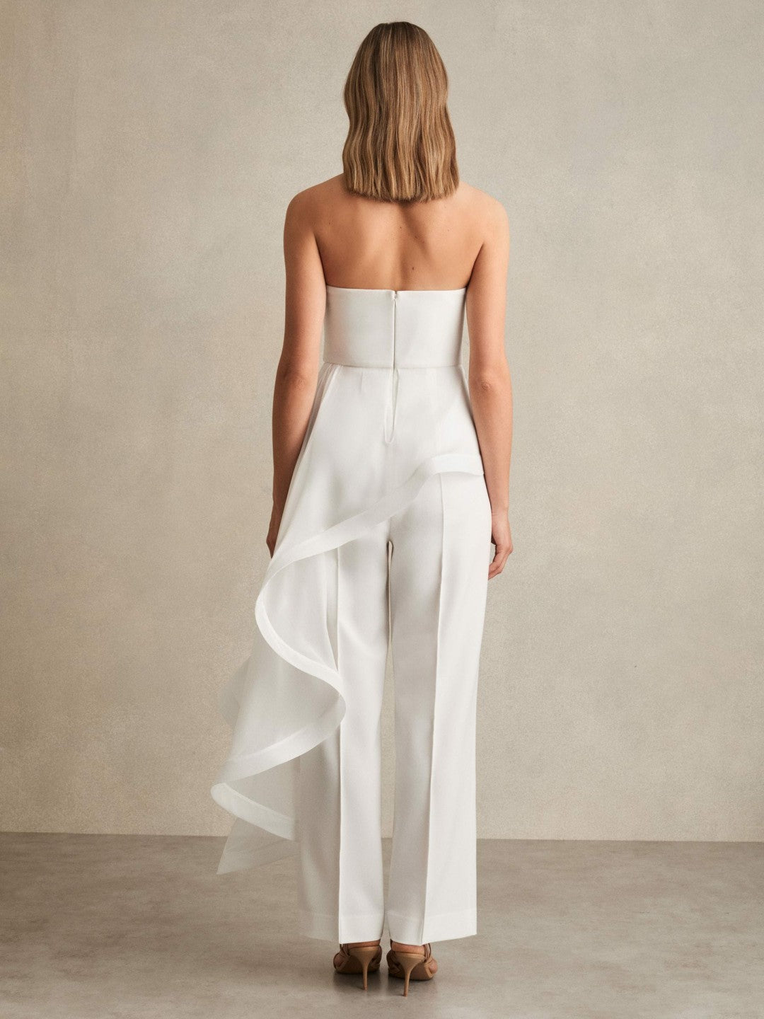 Reiss | Silk Ruffle Bandeau Wide-Leg Jumpsuit in Ivory