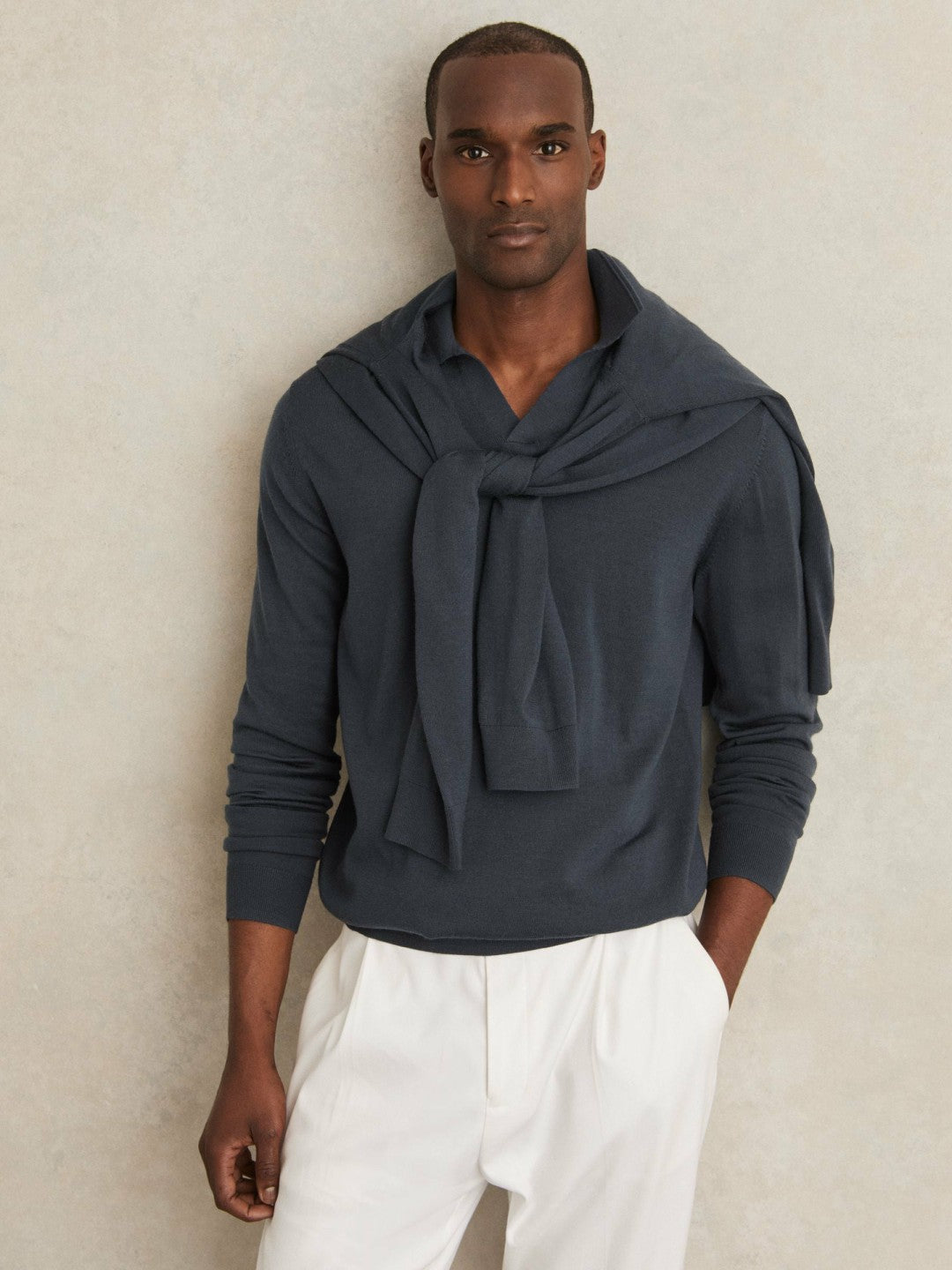 Reiss | Merino Wool Open-Collar Polo Shirt in Midnight Navy