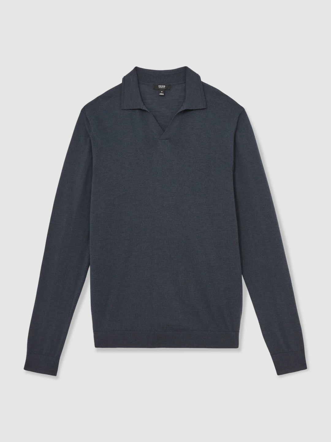 Reiss | Merino Wool Open-Collar Polo Shirt in Midnight Navy