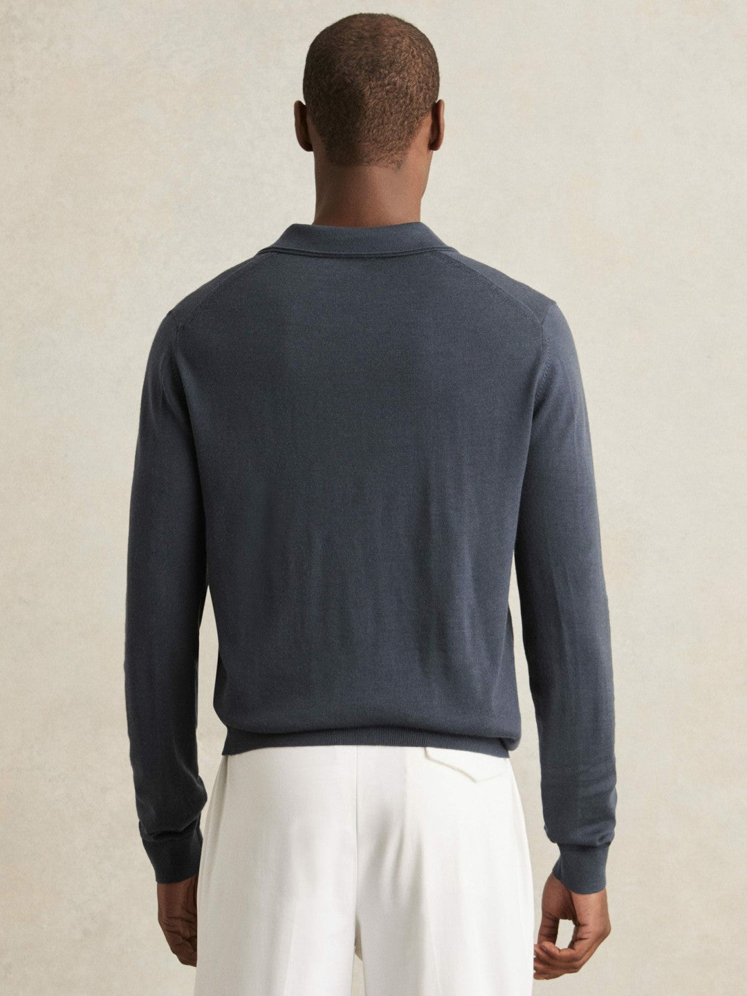 Reiss | Merino Wool Open-Collar Polo Shirt in Midnight Navy