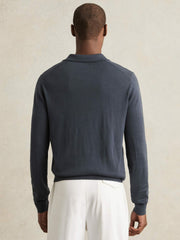 Reiss | Merino Wool Open-Collar Polo Shirt in Midnight Navy