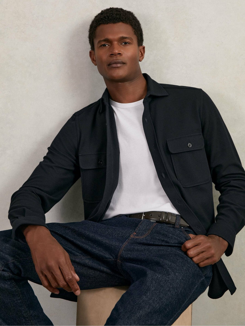 Reiss | Textured Twin Pocket Cotton Blend Overshirt in Navy