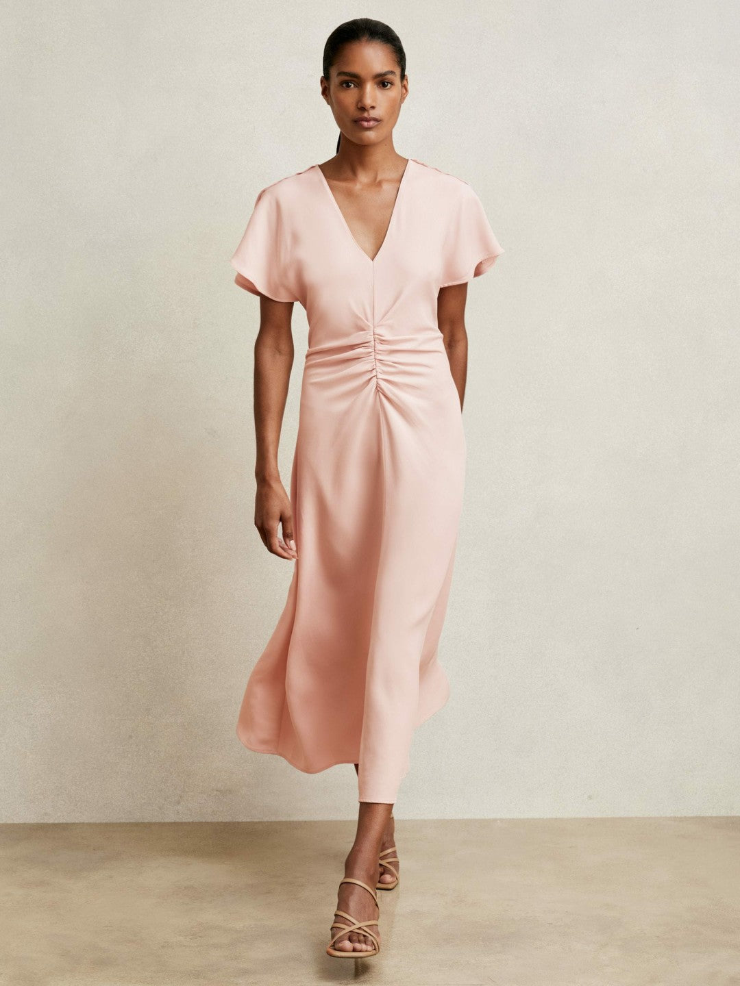 Reiss | Ruched-Front Midi Dress in Pale Pink