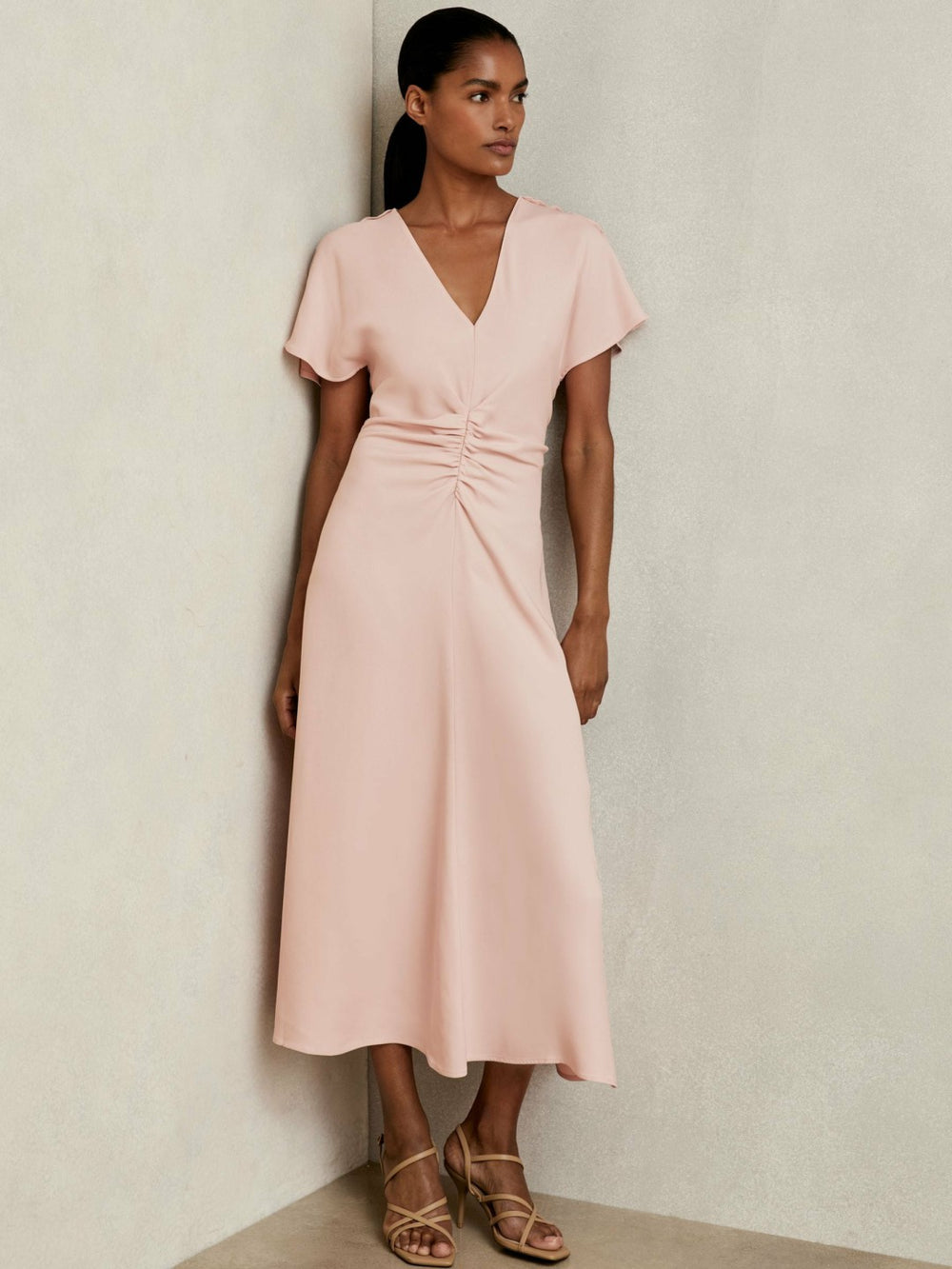 Reiss | Ruched-Front Midi Dress in Pale Pink