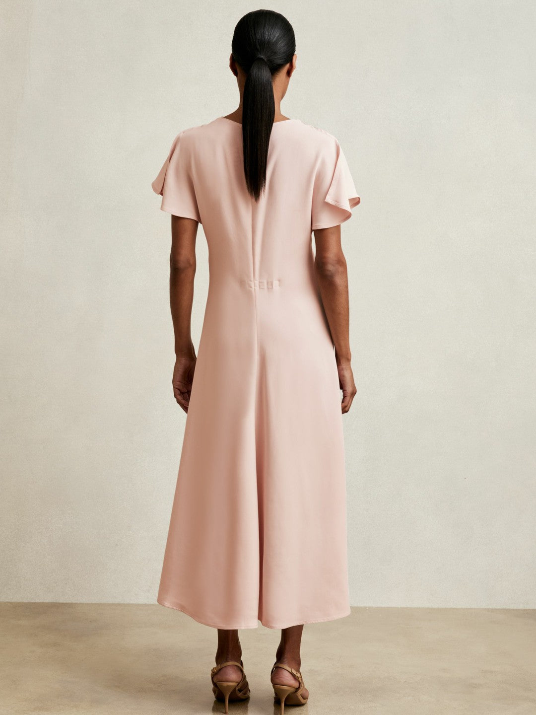 Reiss | Ruched-Front Midi Dress in Pale Pink