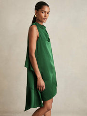 Reiss | Satin Drape-Neck Layered Dress in Green