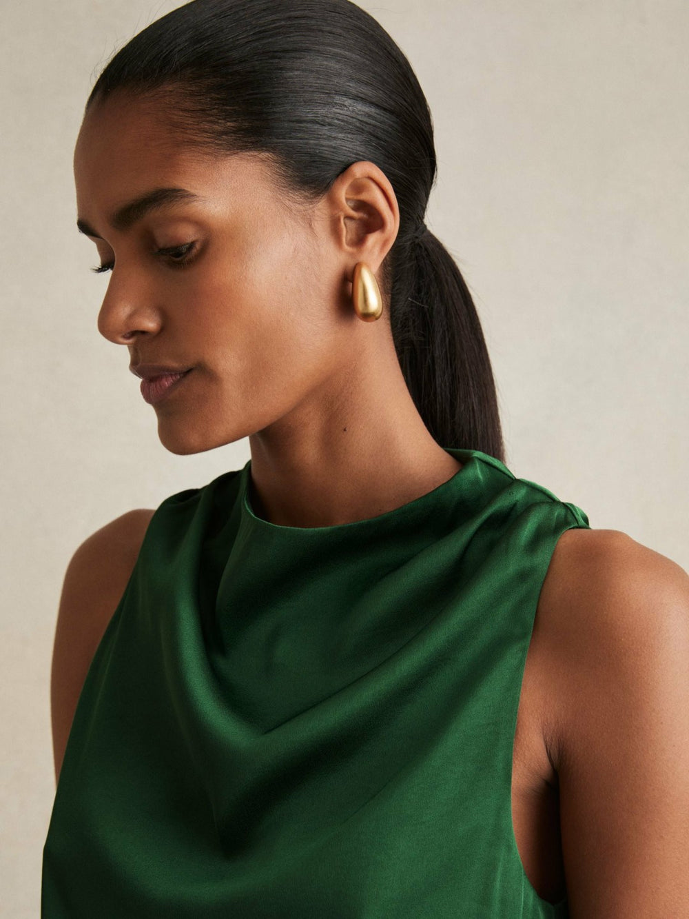 Reiss | Satin Drape-Neck Layered Dress in Green