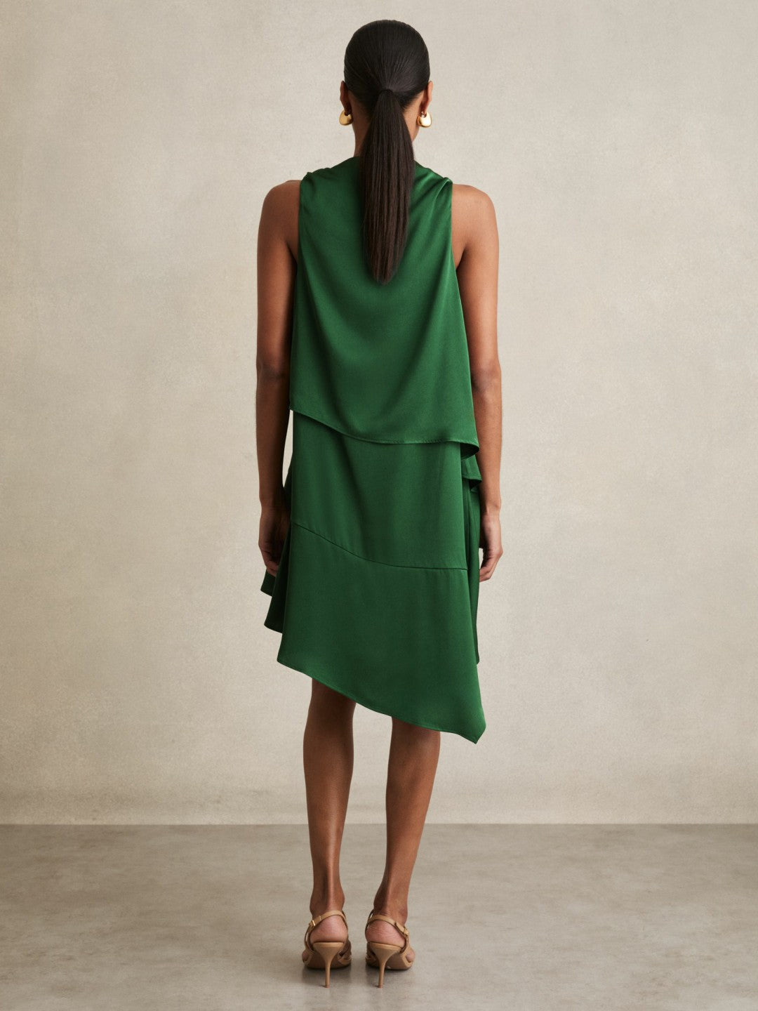 Reiss | Satin Drape-Neck Layered Dress in Green