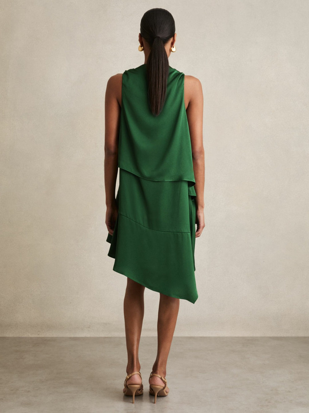 Reiss | Satin Drape-Neck Layered Dress in Green