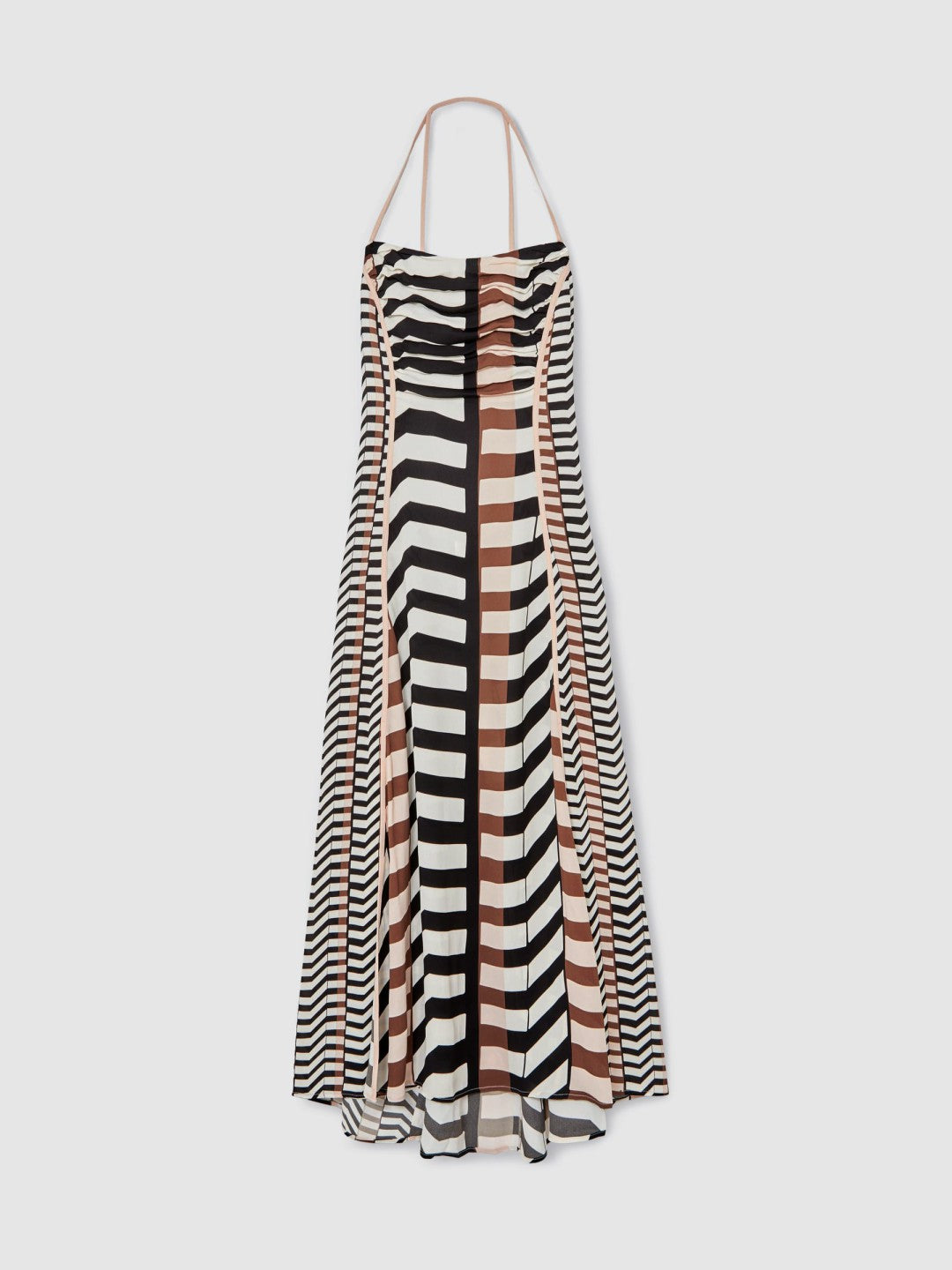 Reiss | Chevron-Stripe Ruched Midi Dress in Black/Brown