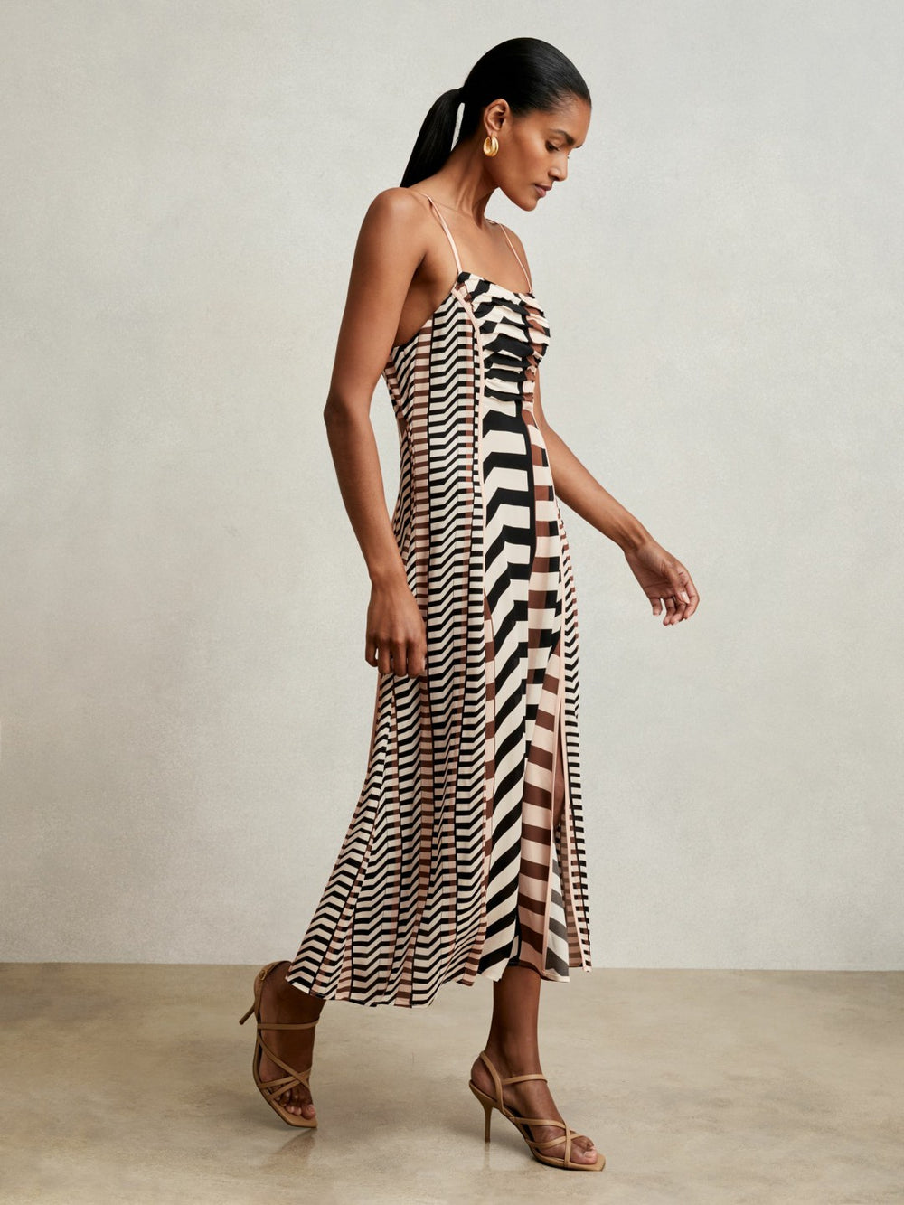 Reiss | Chevron-Stripe Ruched Midi Dress in Black/Brown