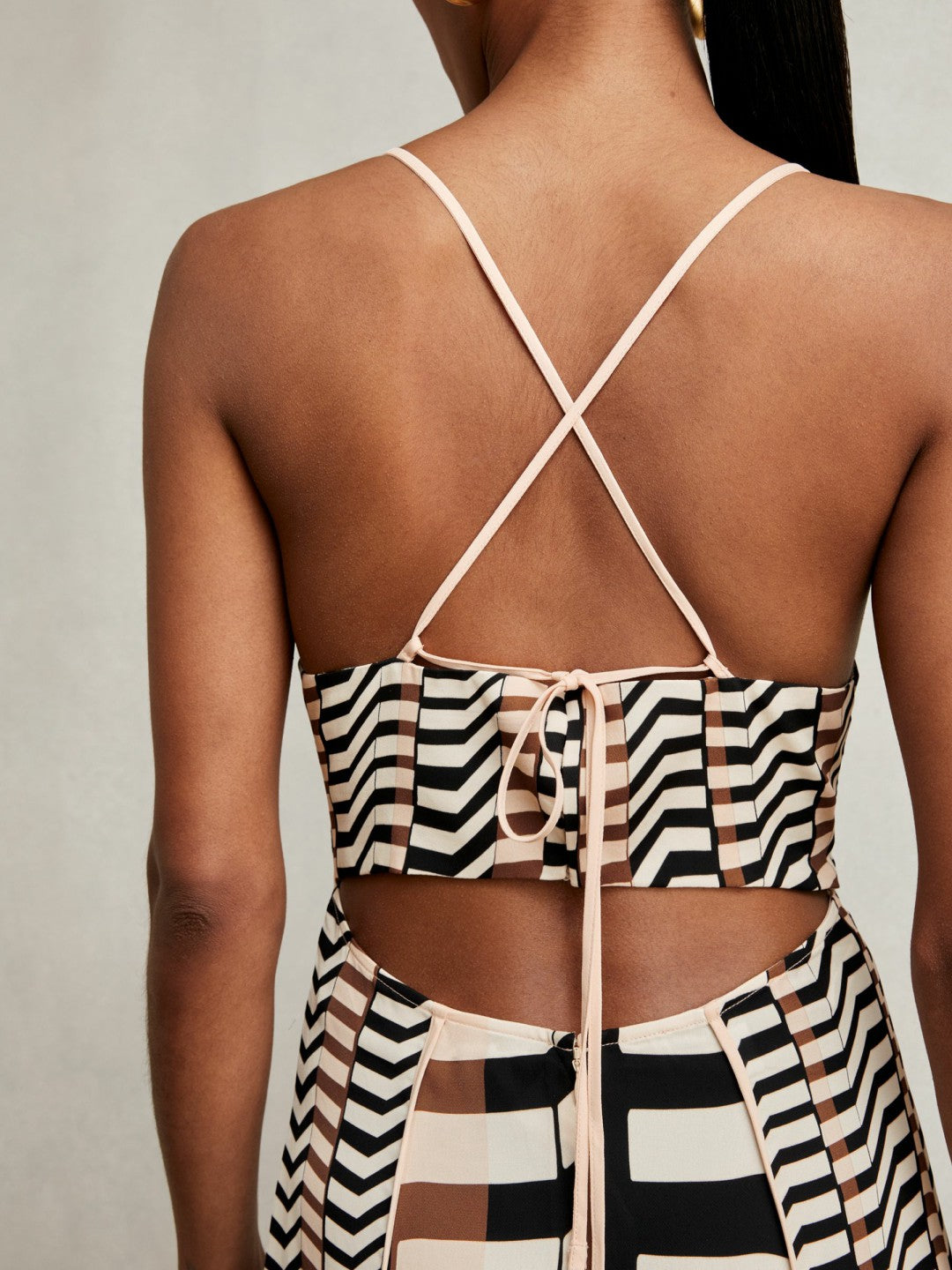 Reiss | Chevron-Stripe Ruched Midi Dress in Black/Brown
