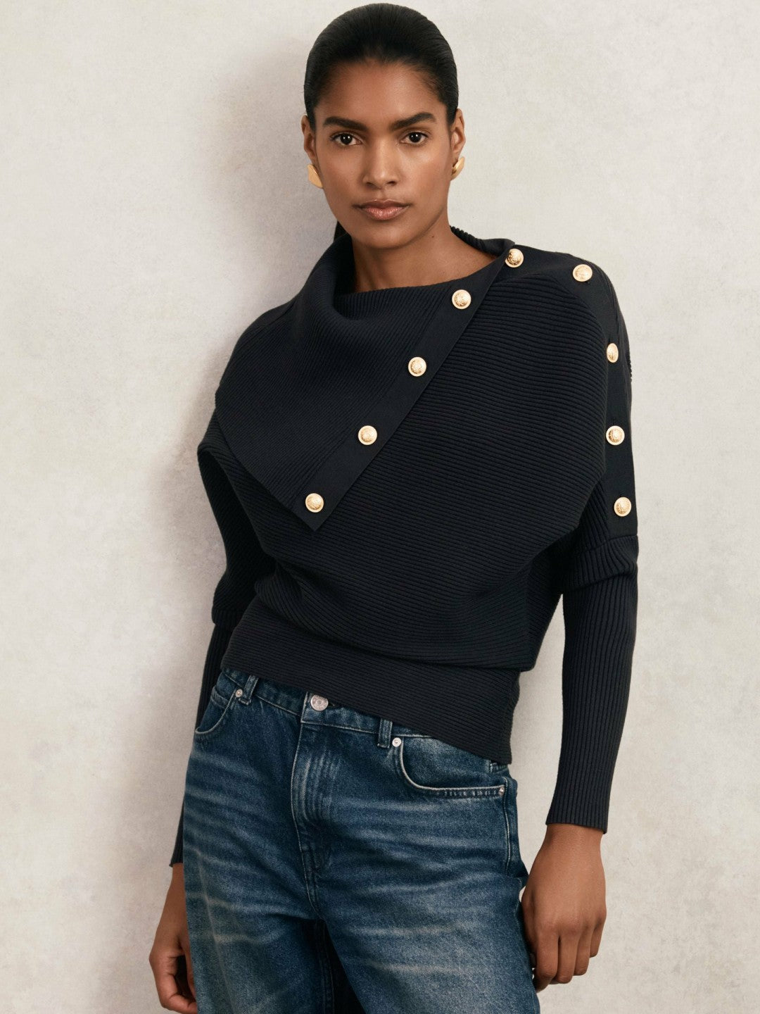 Reiss | Rib-Knit Button Shawl Jumper in Navy