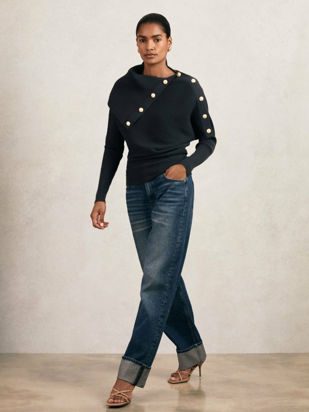 Reiss | Rib-Knit Button Shawl Jumper in Navy