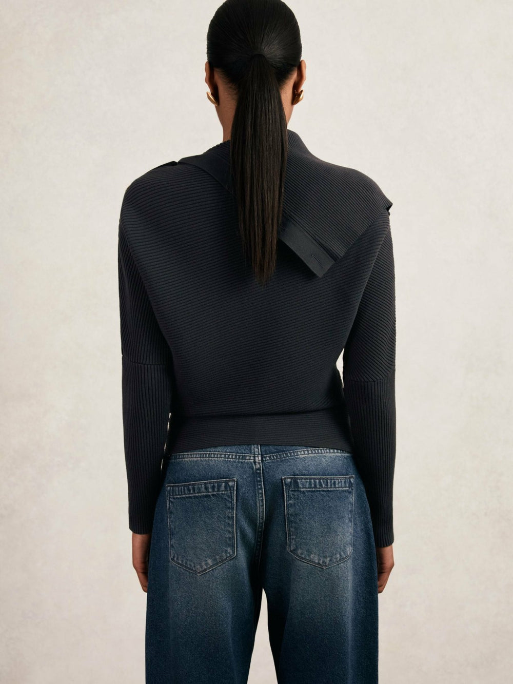 Reiss | Rib-Knit Button Shawl Jumper in Navy