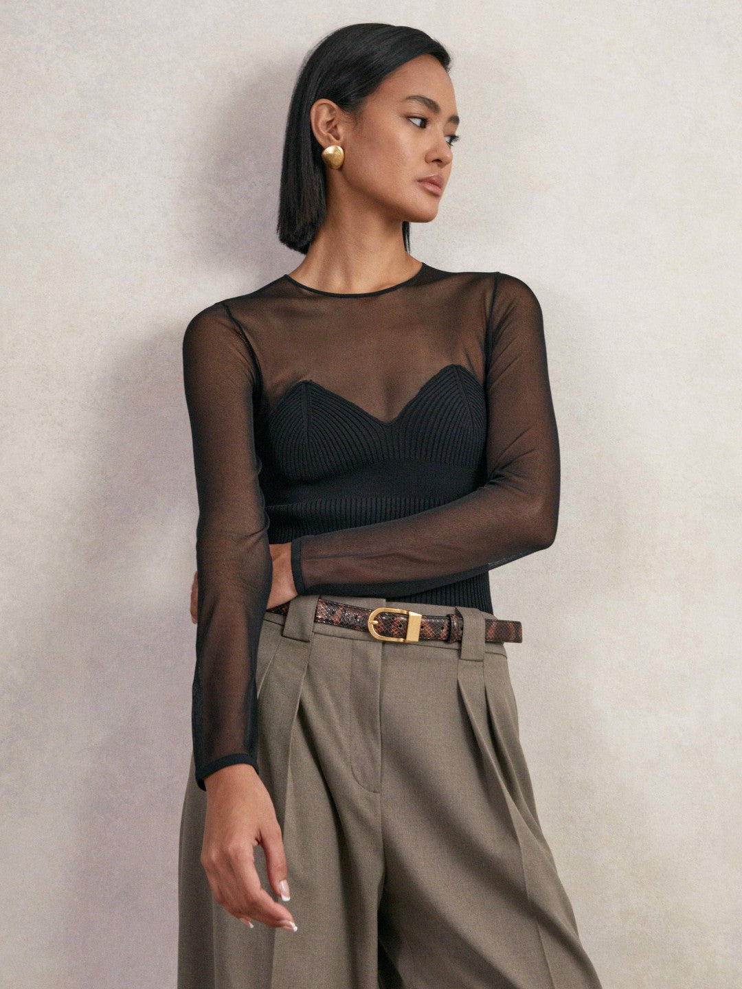Reiss | Mesh Knit Sweetheart Long-Sleeve Top in Black