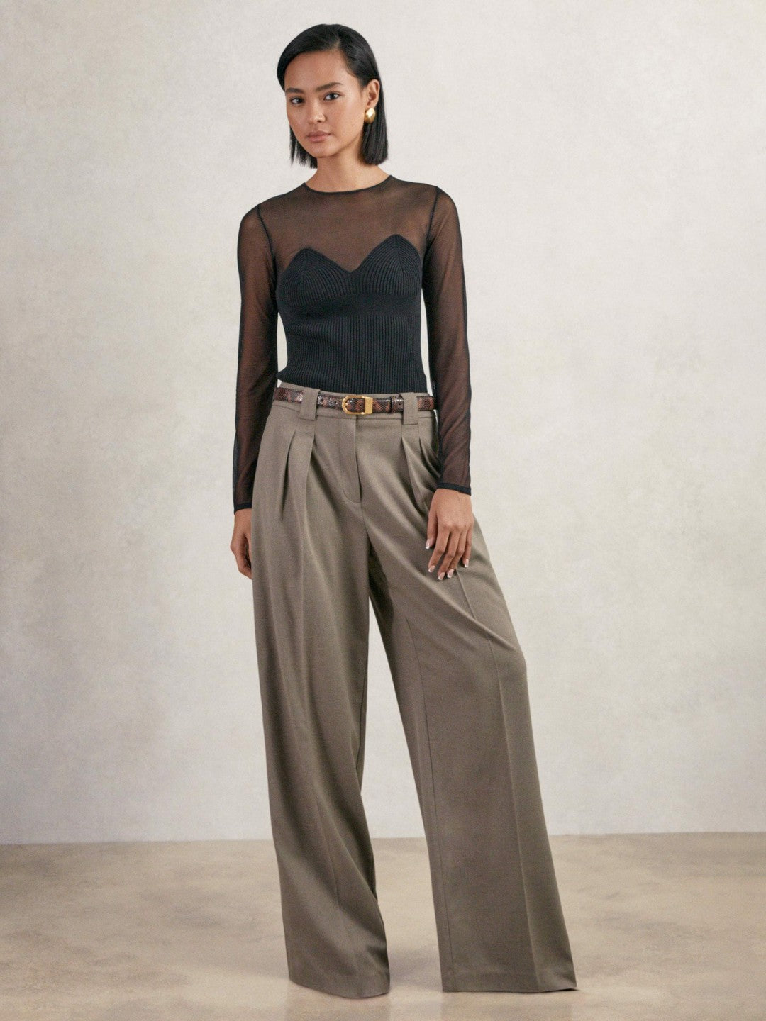 Reiss | Mesh Knit Sweetheart Long-Sleeve Top in Black