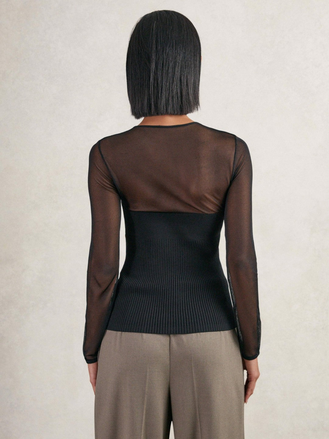 Reiss | Mesh Knit Sweetheart Long-Sleeve Top in Black