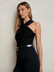Reiss | Cross Neck Textured Top in Black