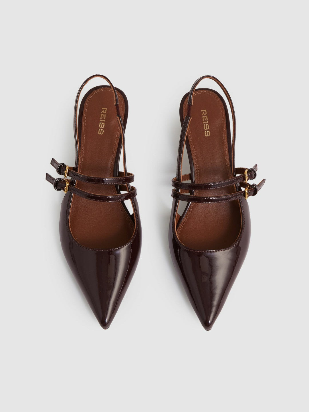 Reiss | Leather Slingback Buckle Court Shoes in Oxblood