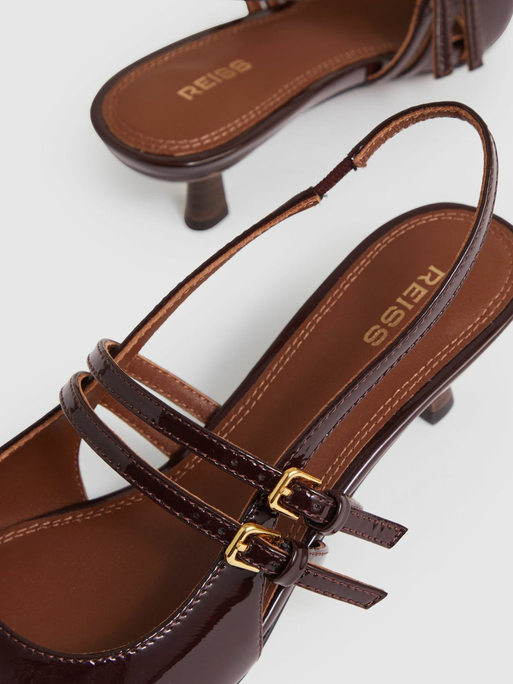 Reiss | Leather Slingback Buckle Court Shoes in Oxblood