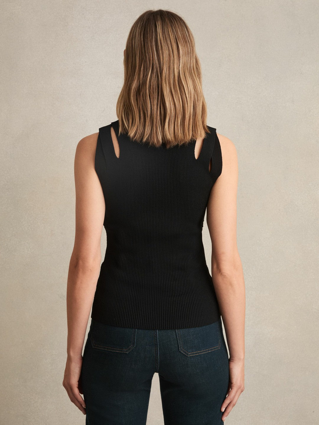Reiss | Cut-Out Rib-Knit Vest in Black