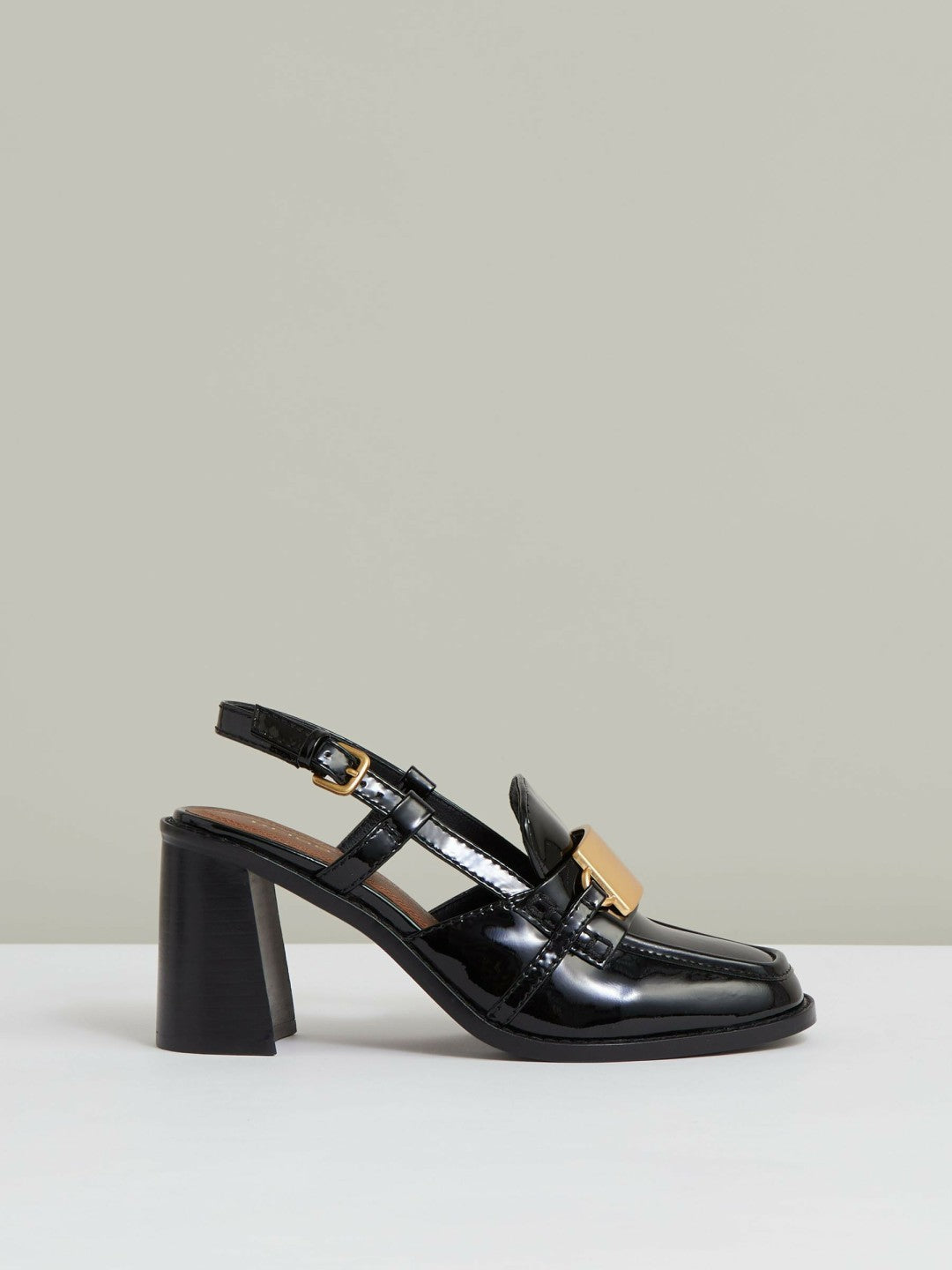 Reiss | Patent Leather Slingback Heeled Loafers in Black