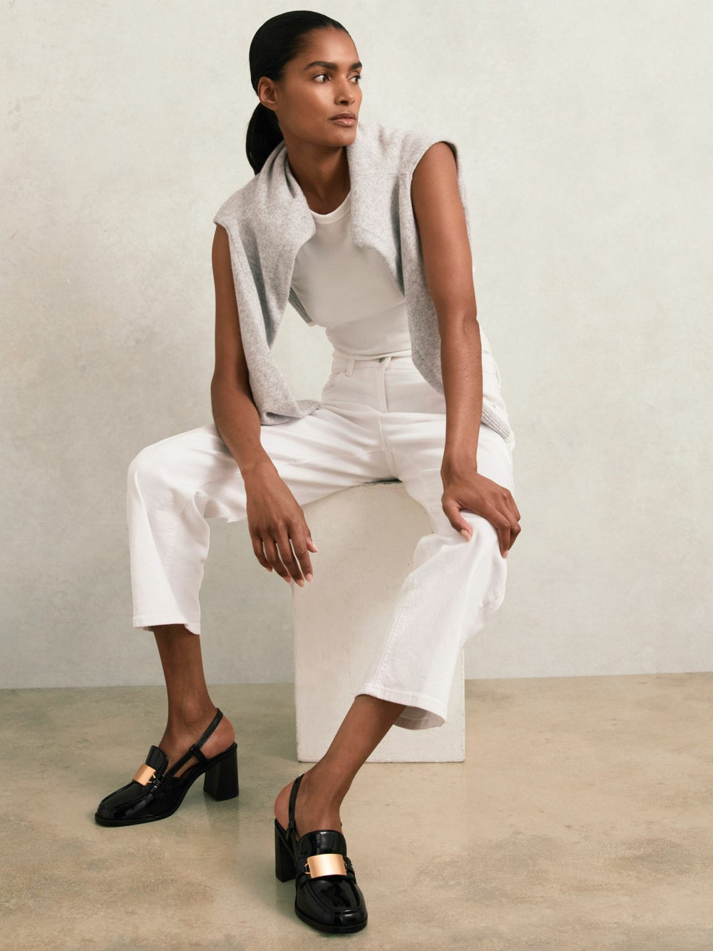 Reiss | Patent Leather Slingback Heeled Loafers in Black