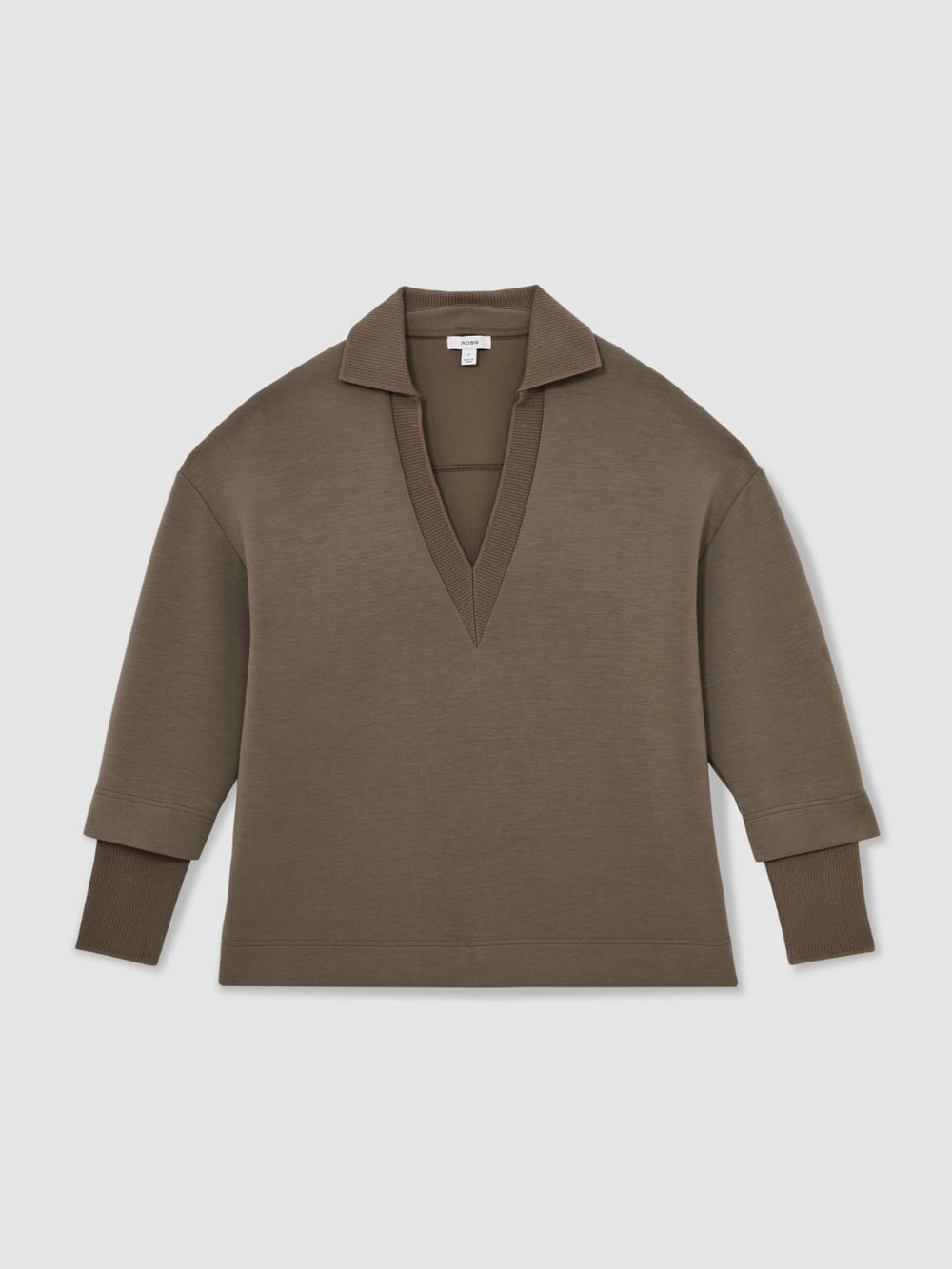 Reiss | Interlock Open-Collar Sweatshirt in Khaki Green