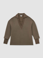 Reiss | Interlock Open-Collar Sweatshirt in Khaki Green