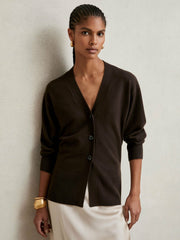 Reiss | Wool-Blend Fitted Cardigan With Cashmere in Chocolate